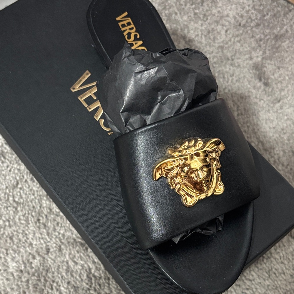 Versace Women”s Black Slides with Gold Medusa
